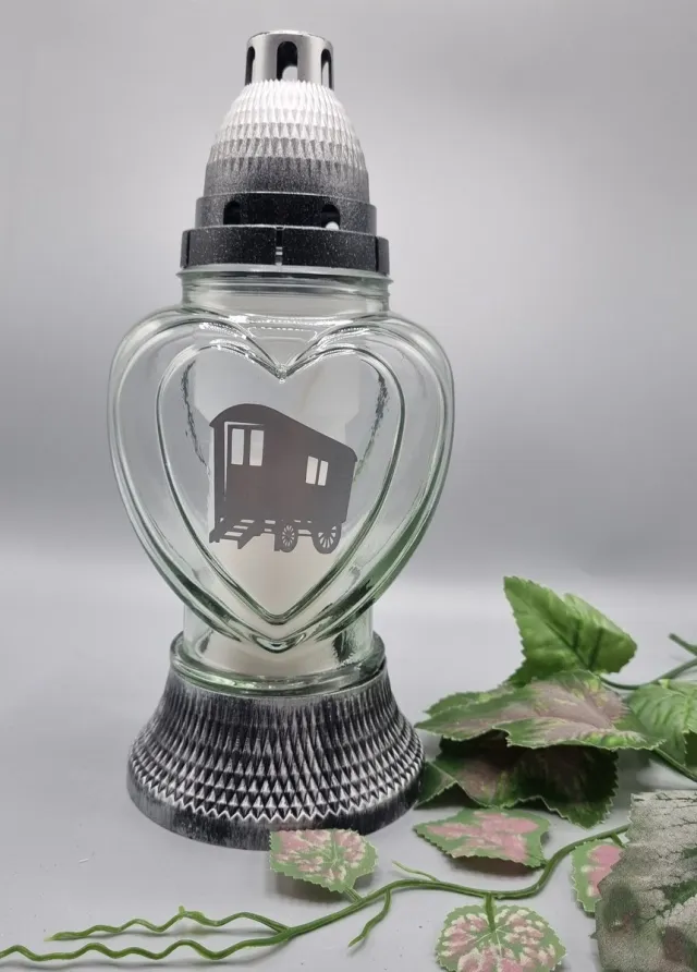 Herdenkingslichtjes.nl Herdenkingslicht - P39 - Transparant glas - Zilver - Woonwagen - Grafkaars – Graflicht