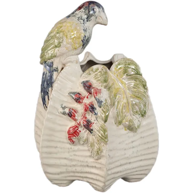 PTMD Rialey Cream Ceramic Round Vase With Parrot