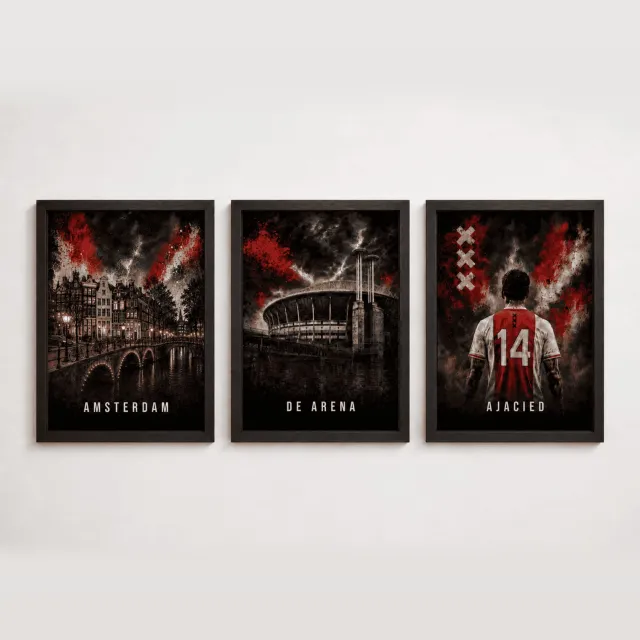 Joshimo Ajax Drieluik | Posterset Amsterdam, De Arena en Ajacied | Voetbal Wanddecoratie | Inclusief 3 Zwarte A4 Lijsten