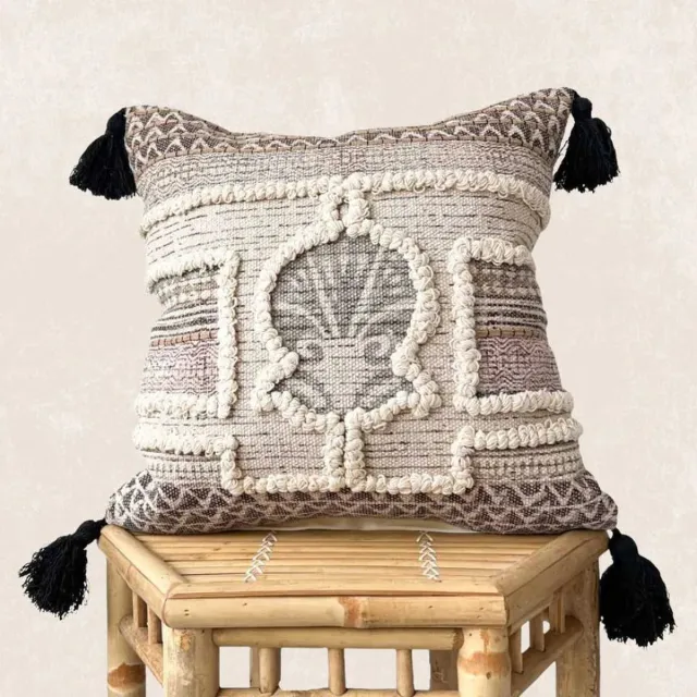 The Four Pursuits TFP Hand Block Printed Cushion Cover - Sierkussenhoes | Advay - 50 x 50 cm - 100% Organic Cotton (GOTS Certified) - Handmade in India - Beige, Grey, almond brown, Black