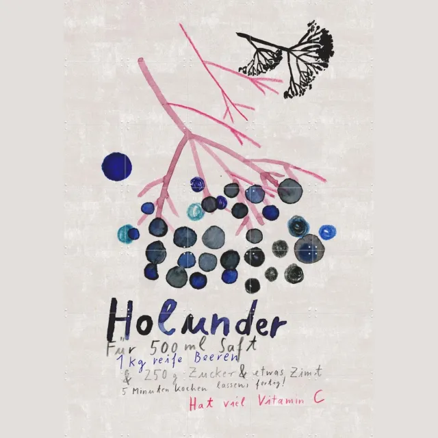 IXXI Holunder, Signorinah - 100 x 140 cm - Grote wanddecoratie en posters - Illustraties, Speels, Aquarel, Woonkamer, Eetkamer, Keuken, Botanisch Blauw / Lichte tinten