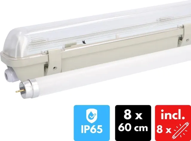 Proventa EcoPlus LED TL armatuur incl. buis 8 x 60cm - Voordeelverpakking - IP65 - Tl-buizen - Tl-armaturen - Tl-verlichting Wit