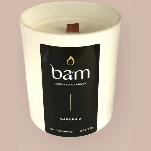 Bam kaarsen -Gardenia geurkaars met houten wiek in een wit potje - op basis van zonnebloemwas - cadeautip - geschenk - vegan