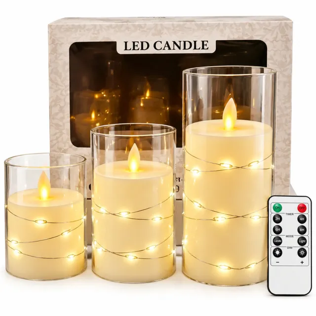 SWGOTA led kaarsen, set van 3 met bewegende vlam, warm licht en decoratieve lichtsnoeren, met afstandsbediening, voor binnendecoratie, in geschenkdoos Bruin