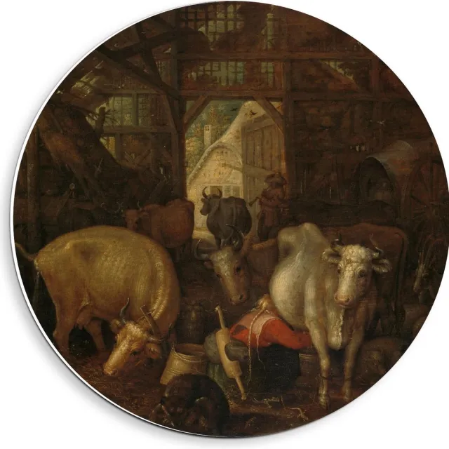 KuijsFotoprint Forex Wandcirkel - Oude meesters - Koeien in stal; Heksen in de hoeken, Roelant Savery - 40x40cm Foto op Wandcirkel (met ophangsysteem) Bruin