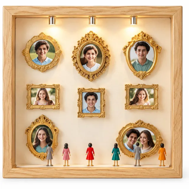 SWGOTA Naturelkleurige MDF-displaylijst voor op tafel, binnenmaat 15 x 20 cm, met 8 miniatuurlijstjes, 8 willekeurige figuurtjes en 2 lampjes