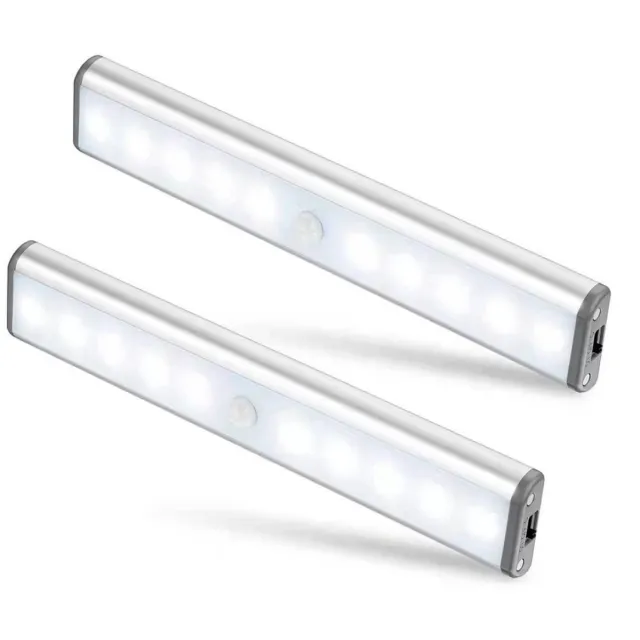 GelldG 2 Stuks Nachtlicht - LED Bewegingssensor Licht - 10 LED USB Oplaadbaar Magnetisch Schranklampje - Lichtgevoelig Automatisch Aan/Uit - Eenvoudig Te Monteren Zonder Gereedschap - Geschikt voor Kast, Garderobe en Gang - Kunststof - 19x3x1.5cm Wit