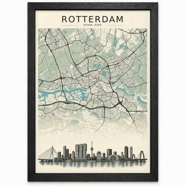 Joshimo Rotterdam Stadskaart Poster | Vintage Kaart met Skyline | Inclusief Zwarte A3 Lijst