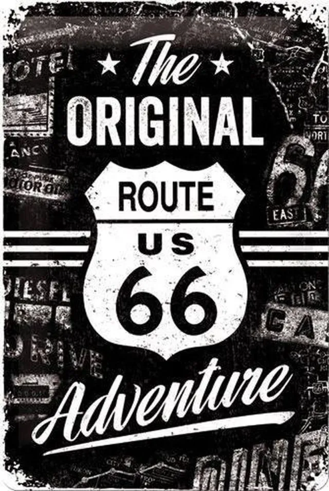 Nostalgic-Art Route 66 - The original, adventure. Retro reclame wandbord, Reclamebord Amerika USA. metaal zwart