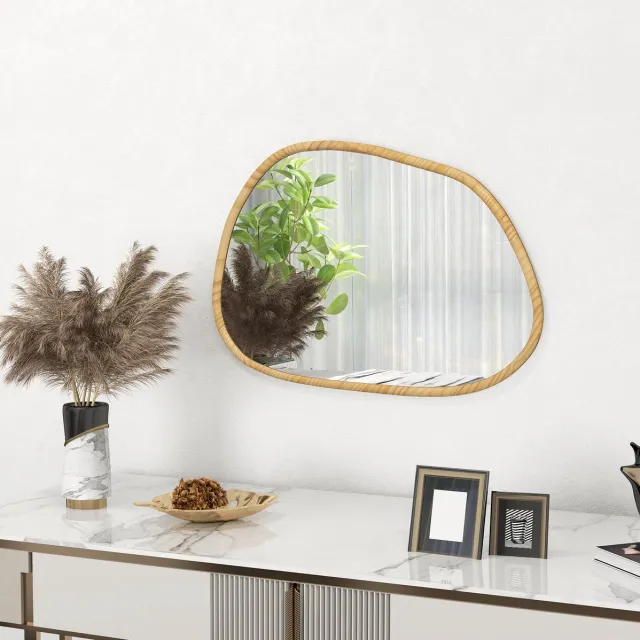 MEUNIQ asymmetrische wandspiegel 80 x 60 cm met houten frame, decoratieve badspiegel voor badkamer, woonkamer, hal of slaapkamer, naturel Naturel hout