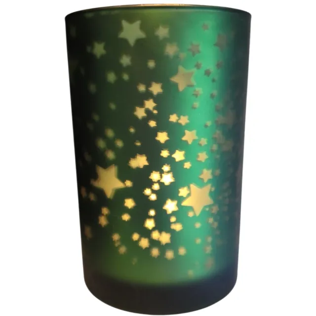 mmdeco Windlicht sterrenhemel XL - groen doorschijnend - 12x12x18 cm - glas mat waxinelichtje houder sfeer verlichting -rechtse windlicht