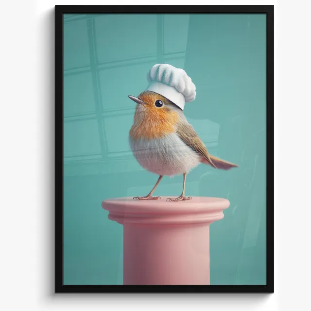 FrameYourWall Fotolijst inclusief poster - Posterlijst 50x70 cm - Posters - Roodborstje - Vogel - Koksmuts - Sokkel - Foto in lijst - Keuken decoratie muur - Wanddecoratie accessoires - Muurdecoratie - Schilderijen Kokmuts - Roodborstje