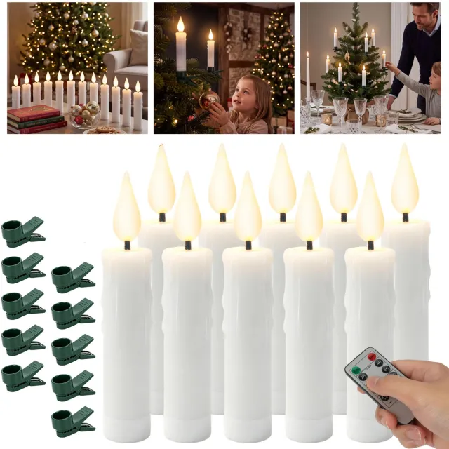 BENALLA Set Van 10 Led-Staafkaarsen - Zwevende Kaarsen Zonder Vlam - Kerstboomkaarsjes Met Klemmetjes En Afstandsbediening - Kerstboomversiering Wit