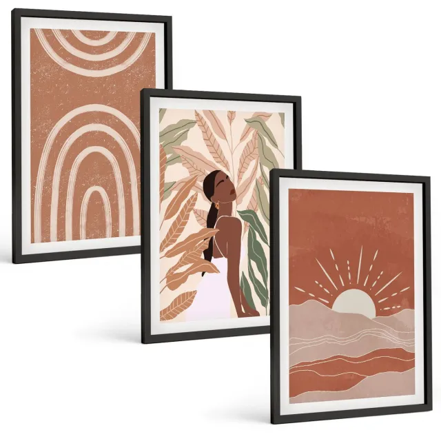 TULUP 4-Delige Schilderij Set - Boho abstracte vormen en illustraties - 40 x 60 cm - Decoratieve Schilderijen - Wanddecoratie - Hal - Moderne Wanddecoratie Zwarte lijst