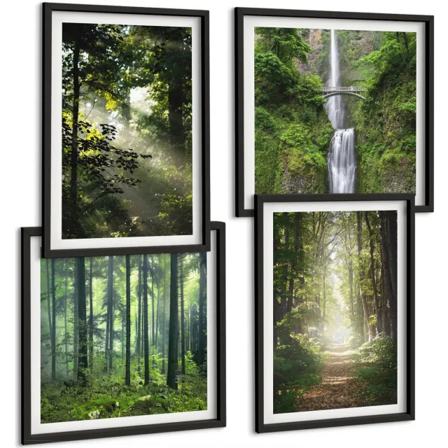 TULUP 4-Delige Schilderij Set - Groene bossen met zonnestralen en een bospad - 40 x 40 cm en 40 x 60 cm - Moderne Wanddecoratie - Woonkamer - Muurdecoratie Zwarte lijst