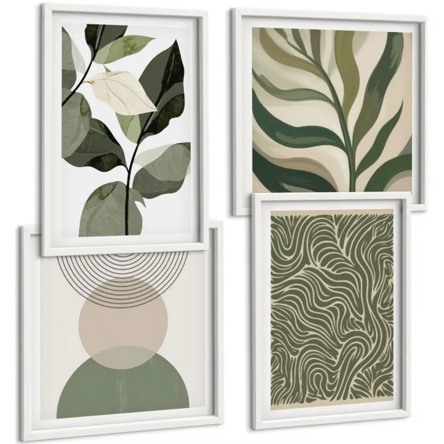 TULUP 4-Delige Schilderij Set - Abstracte bladeren en geometrische vormen - 40x40 en 40x60 - Moderne Wanddecoratie - Woonkamer - Stijlvolle Muurdecoratie Witte lijst