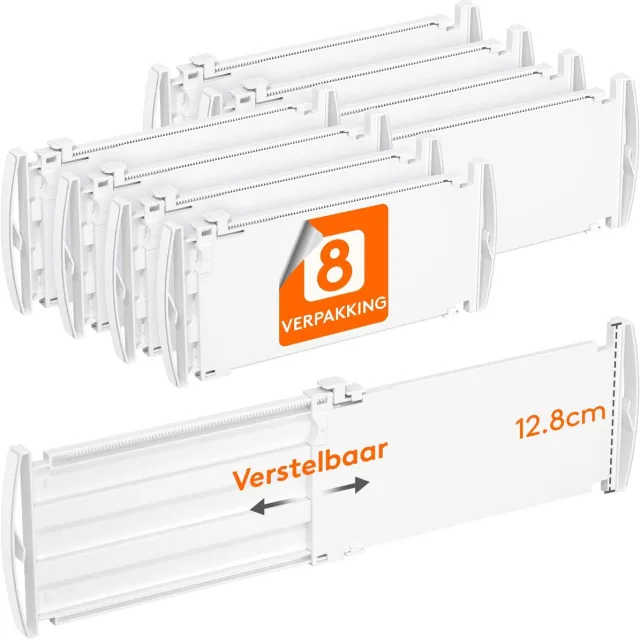 Famanu Ladeverdelers, verstelbaar voor binnenlengte, lade-organisator voor kledingkast, commode, bureau en keuken, wit, .8 cm, L 29.5-47 cm, set van 8