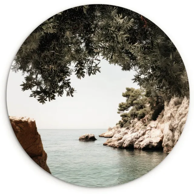 WallCircle Wandcirkel 120x120 cm - Muurcirkel Rotsen - Zee - Boom - Groen - Muurdecoratie woonkamer - Wanddecoratie slaapkamer - Kamer decoratie accessoires - Ronde schilderijen