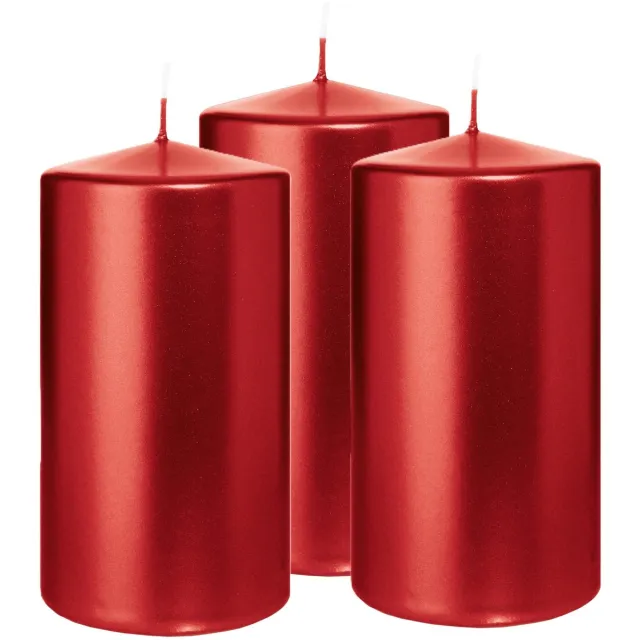 Wiedemann Cilinderkaars/stompkaars - 3x - metallic rood - 13 x 7 cm - 52 branduren - zuilkaarsen Donkerrood