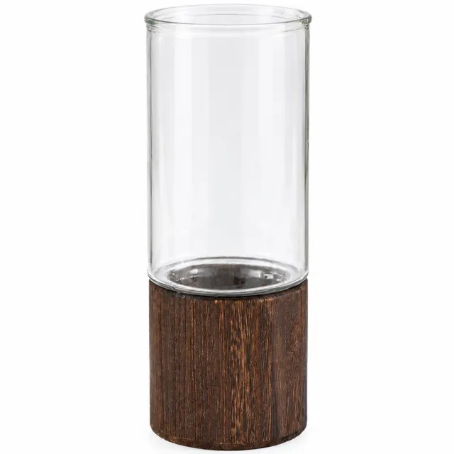SWGOTA Transparante glazen vaas met houten voet - Glad en cilindervormig - 25 cm hoog, 10 cm breed - Voor verse bloemen
