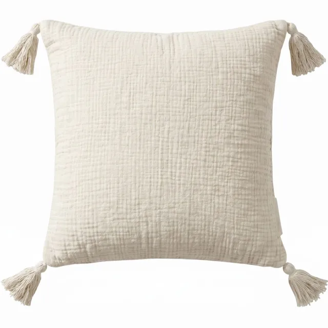 Homescapes gebroken wit mousseline kussen met kwastjes, 45 × 45 cm – katoenen kussenhoes met vulling