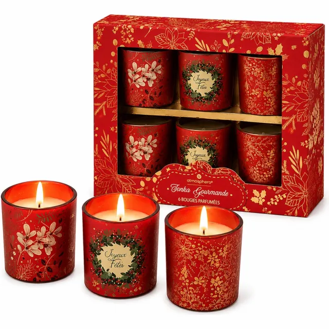 WDMT Set van 6 Luxe Geurkaarsen in Rood Glas – Kerst Geurkaarsen Cadeauset – Sfeervolle Kaarsen voor Kerstdecoratie – Woondecoratie – Kerstcadeau – Rood met Gouden Details Wit