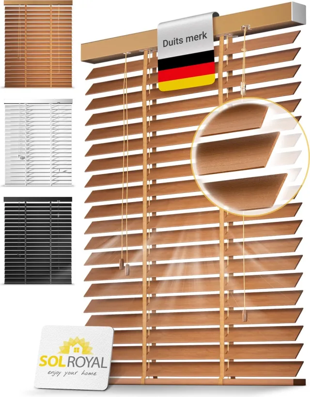 Sol Royal BE5 Houten Jaloezieen Eikenhout 50 mm Lamellen Extra Breed 120x180 cm Eenvoudige Montage aan Muur & Plafond Echt Hout Rolgordijn Raam & Deur