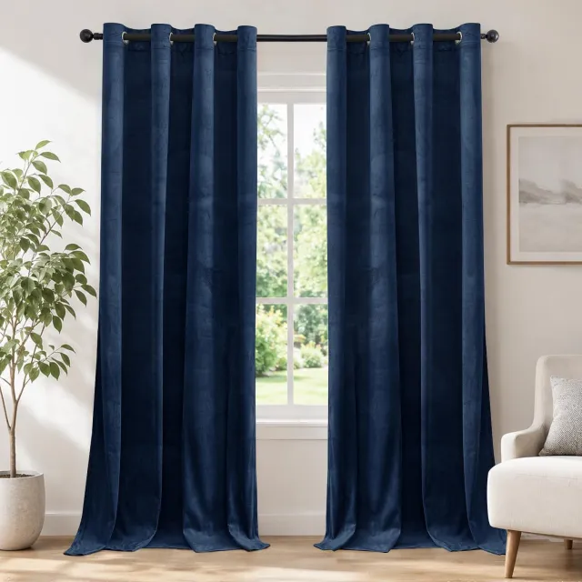 Famanu Fluwelen gordijnen kant-en-klaar set van 2, 140x145 cm, verduisterend met ringen, thermogordijnen voor slaapkamer en woonkamer, donkerblauw, perfect voor stijlvolle verduistering