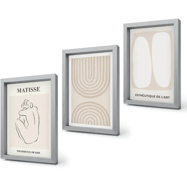 Coloray 4-Delige Schilderij Set - Stijlvolle lijnen en minimalistische vormen in neutrale tinten. - 20 x 30 cm - Wanddecoratie - Woonkamer Decoratie - Interieur Decoratie Zilveren lijst