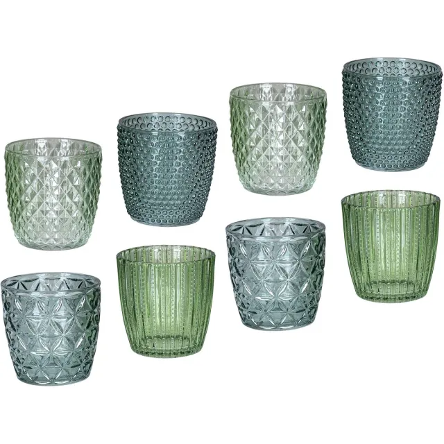 Famanu Set van 8 glazen windlichten, 7,5 cm hoog, groen theelichthouders, retro kaarsenhouders voor sfeervolle tafeldecoratie