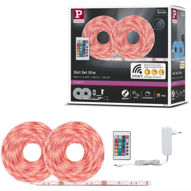 Paulmann SimPLED LED Strip 10 Meter Smart Home Zigbee 3.0 RGB - Plug & Play Set - 26W - 90 lm/m - 30 LEDs/m - Gecoat - Voor Binnen Wit