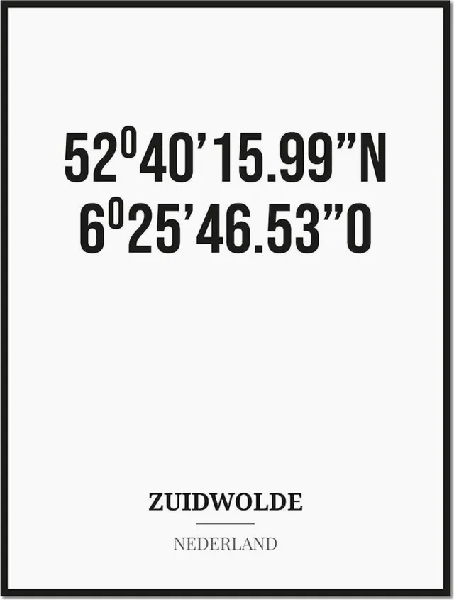 Studio216 Poster/kaart ZUIDWOLDE met coördinaten zwart, wit