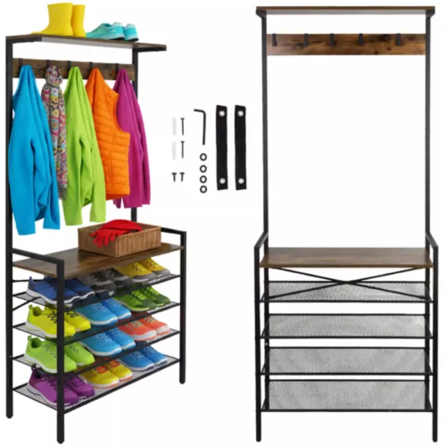 Ruhhy staande kapstok 189 cm – metalen frame met houten planken en 5 dubbele haken, industrieel ontwerp voor hal of kantoor