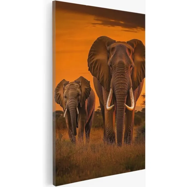 Saammp Canvas Schilderij - Olifanten familie in zonsondergang - Dieren - Natuur - 30x40 - Foto op canvas - Wanddecoratie - Muurdecoratie Woonkamer - Slaapkamer decoratie - Canvas Print Multicolor