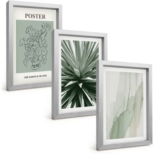 TULUP 4-Delige Schilderij Set - Plantenpatronen in tinten groen en beige - 20 x 30 cm - Muurdecoratie - Wanddecoratie - Slaapkamer - Interieur Decoratie Zilveren lijst