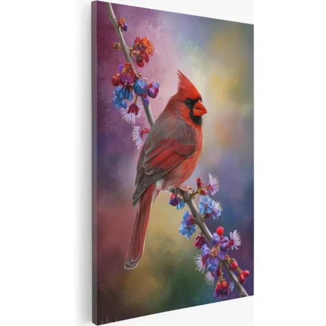 Saammp Canvas Schilderij - Rode vogel - Bloemen - Abstract - 80x120 - Foto op canvas - Wanddecoratie - Muurdecoratie Woonkamer - Kantoor Decoratie Multicolor