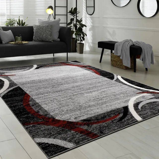 flycarpets Sinovo Modern Vloerkleed - Grijs / Rood - Laagpolig Tapijt Woonkamer - 120x170 cm