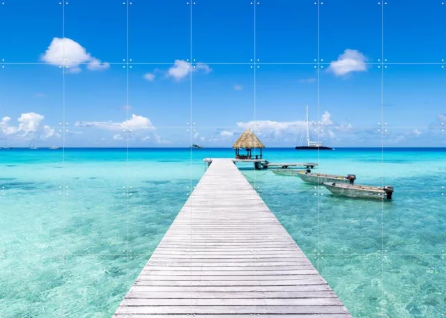 IXXI Wooden Pier at the Beach - French Polynesia, Jan Becke - 140 x 100 cm - Grote wanddecoratie en posters - Kleurrijk, Fotografie, Slaapkamer Blauw