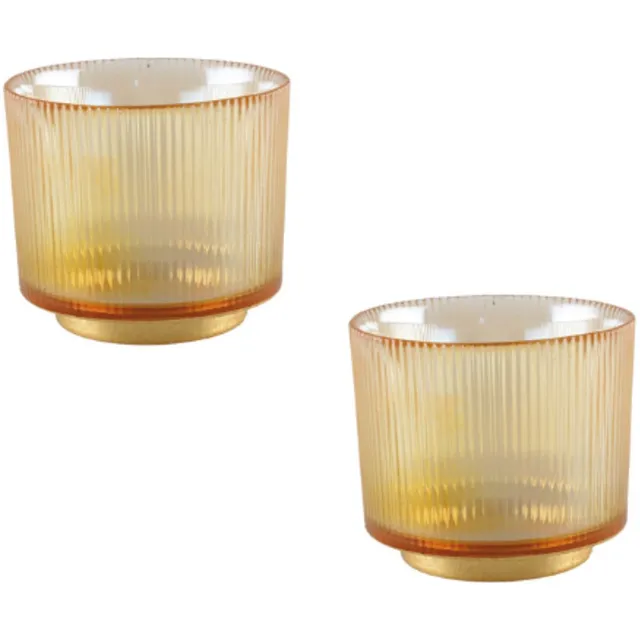 Aulica Set Amber rib waxinelichtjeshouder - 10x10x10cm - Goud - Set 2 stuks