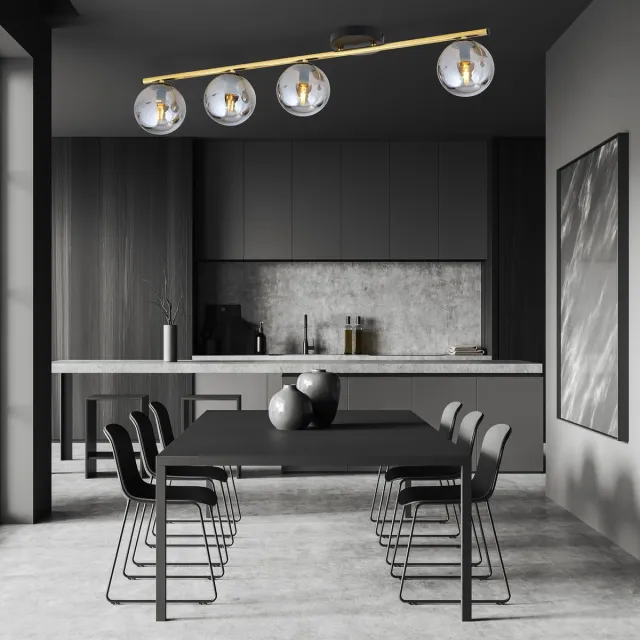 Emibig Lange plafondlamp 4x E14 messing en zwart met gerookte glazen bollen - Creëer een sfeervolle ambiance in uw ruimte messing, zwart