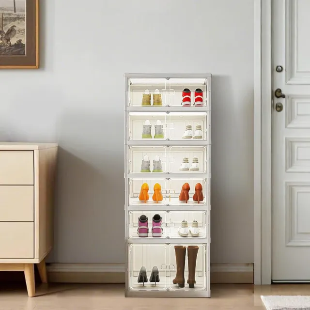 Triumpunpre Schoenenkast-Opvouwbaar schoenenrek met 6 lagen, opvouwbare opbergkast voor 12 paar schoenen met transparante magnetische voor kledingkast,stapelbare hoge kast voor hal Wit