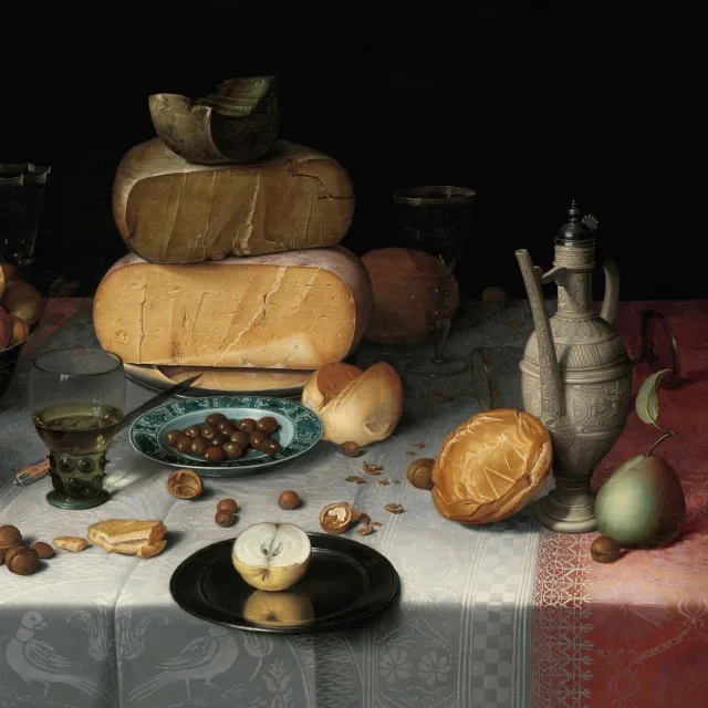 WANDKRAFT Schilderij - stilleven met kazen - Collectie dutch masters - Dibond wit - 74x74cm