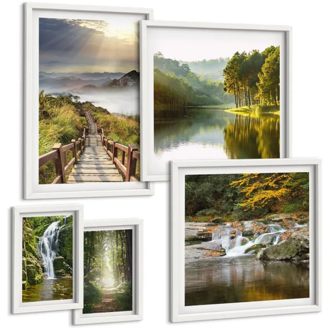 TULUP 4-Delige Schilderij Set - Natuurlandschappen met watervallen en bospaden - 50 x 50 cm, 20 x 30 cm en 40 x 60 cm - Wanddecoratie - Woonkamer Decoratie - Moderne Wanddecoratie Witte lijst