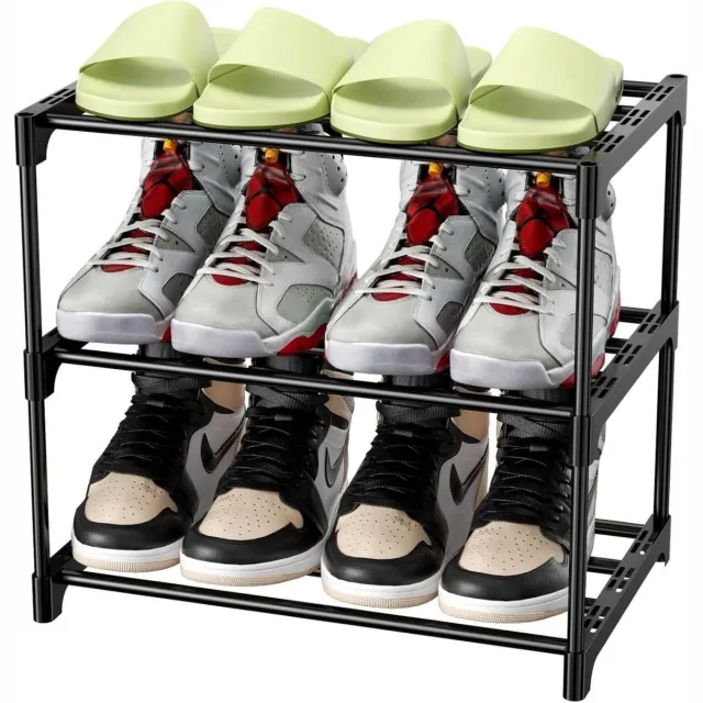 GelldG Metalen schoenenrek - Schoenenrek met drie niveaus - Smal schoenenrek - Lichtgewicht - Stapelbaar - Biedt plaats aan 6 paar schoenen - Geschikt voor gangen, woonkamers, slaapkamers en entrees - Zwart