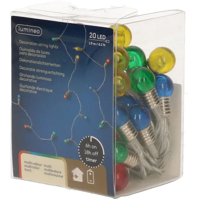 Lumineo Feestverlichting- gekleurde bolletjes - 190 cm - 20 lampjes - op batterij - kerstdecoratie/versiering