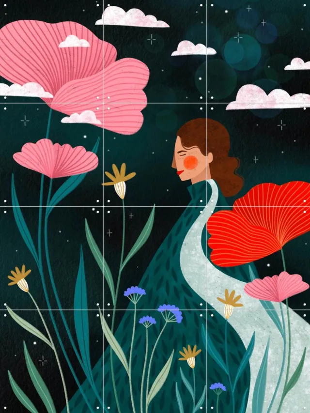 IXXI Dreamy Garden Stroll, Bea Müller & Various - 60 x 80 cm - Grote wanddecoratie en posters - Fantasierijk, Surrealisme, Kleurrijk, Illustraties Groen
