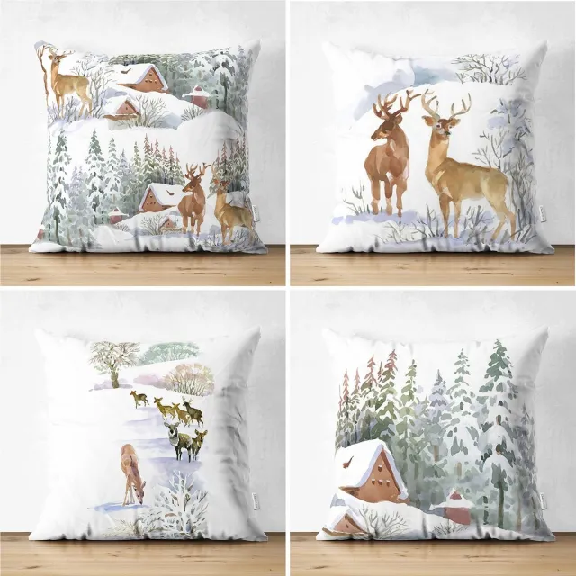 De Groen Home Velvet Kussenhoes set van 4 stuk - 50x50 cm - Rendieren & Berghuisje - Kerst - Sierkussenhoes Gebroken wit