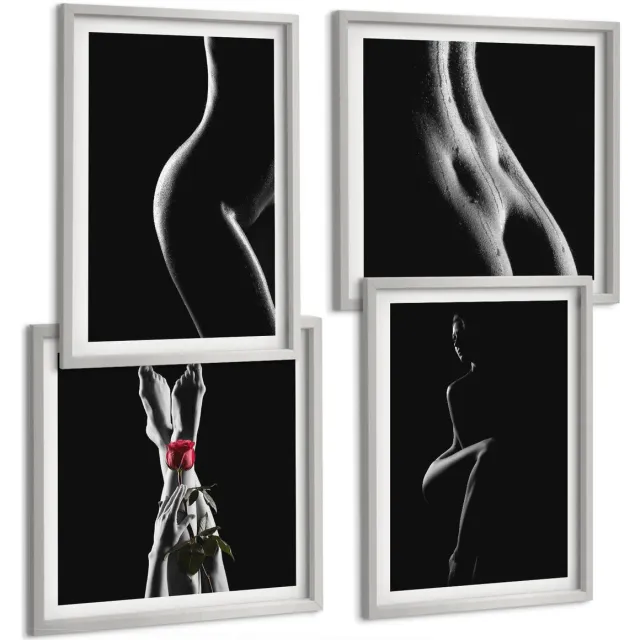 Coloray 4-Delige Schilderij Set - Erotische Afbeeldingen Van Vrouwelijke Silhouetten In Zwart-Wit - 40 x 40 cm En 40 x 60 cm - Decoratieve Muurdecoratie - Slaapkamer - Woonkamer Decoratie Zilveren lijst