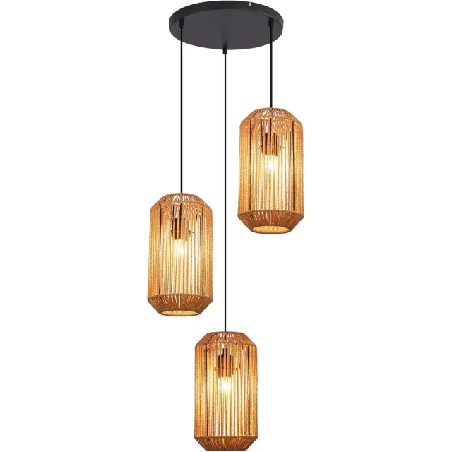 Glitzerlife Hanglampen - Boho Retro - Lanternvormig - 3xE27 - Handgeweven Papierseil IJzer - Ø16cm - Zwart Licht Curry - Hanglamp Eetkamer Verstelbaar Woonkamer Slaapkamer Lange lampschijf