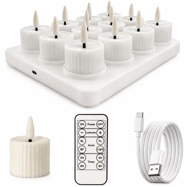 SWGOTA led kaarsen set van 12 - geribbeld, warm licht, oplaadbaar via USB-C, met laadvoet voor 3 x 4 kaarsen, afstandsbediening en laadkabel Wit